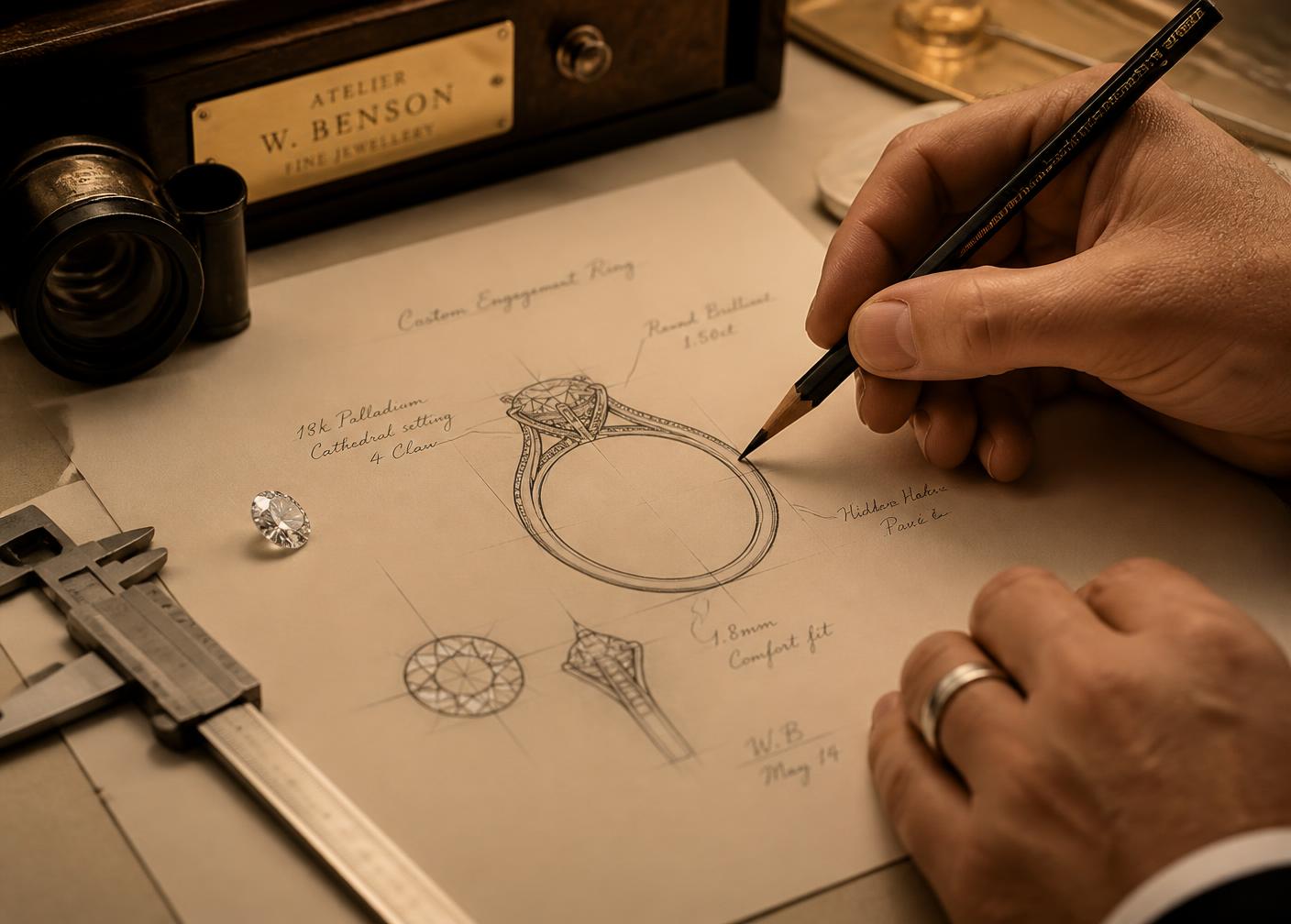 Designer sketching a custom engagement ring beside a loose diamond
