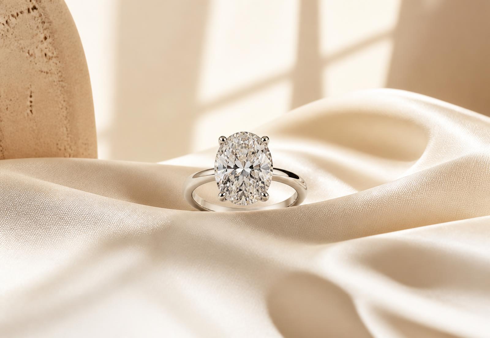 Oval lab-grown diamond solitaire engagement ring on ivory silk